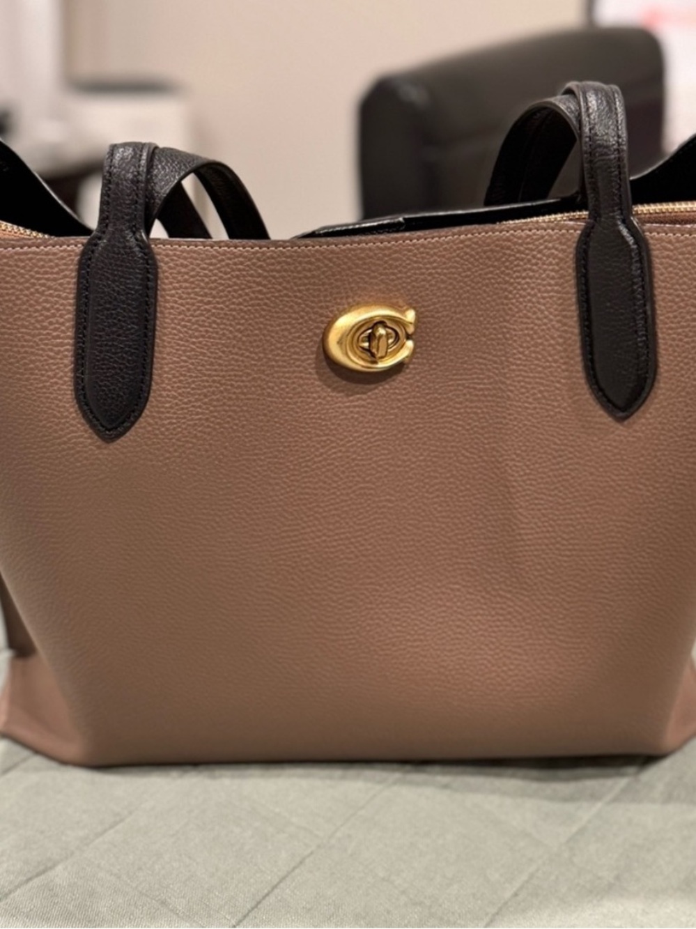 Coach Willow Taupe Tote Bag with Black Handles and Gold Hardware